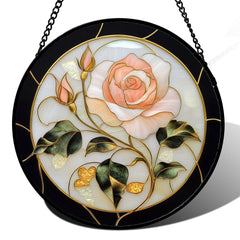 AMDERVEN front view of pink rose suncatcher showing full floral design and color