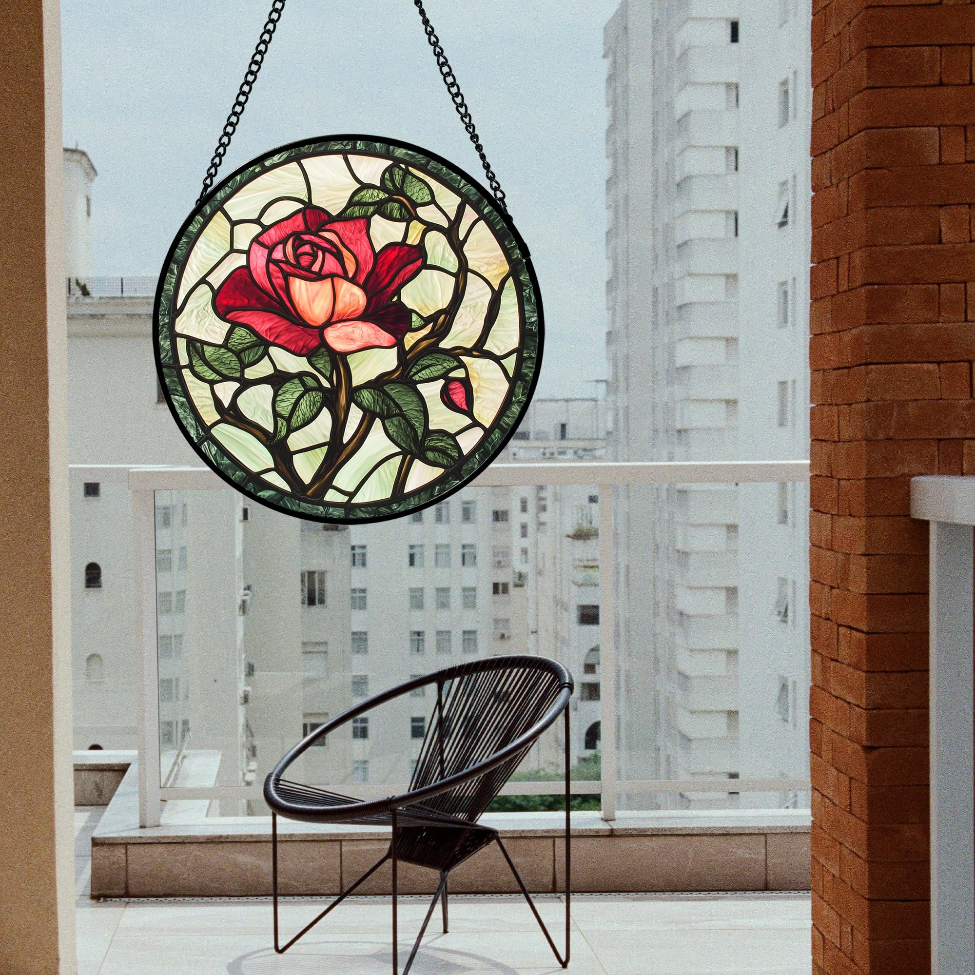 AMDERVEN suncatcher held in hand to show 9.8-inch scale and easy-install benefit