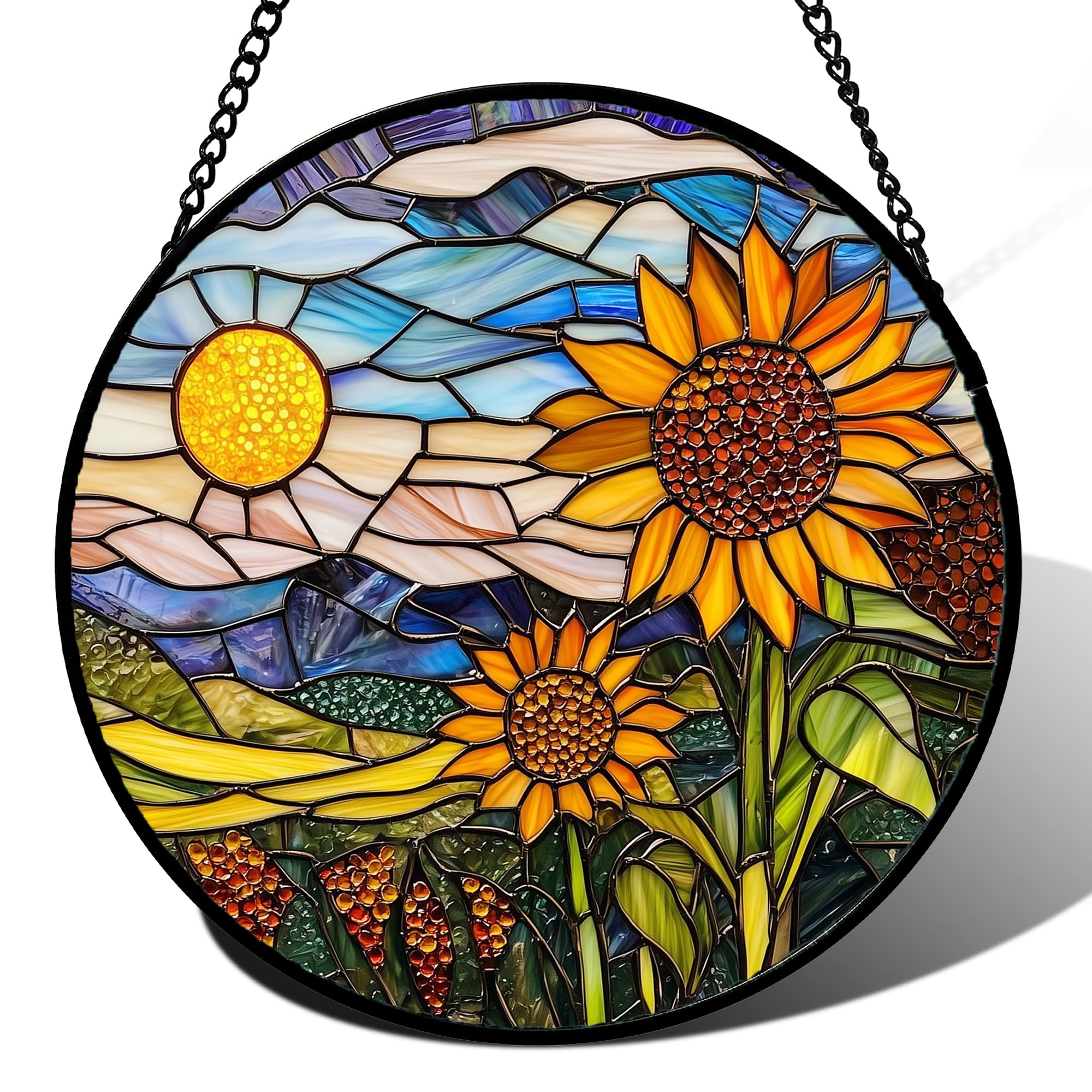 AMDERVEN stained glass sunflower front view showing colorful petals and central design for bright accent