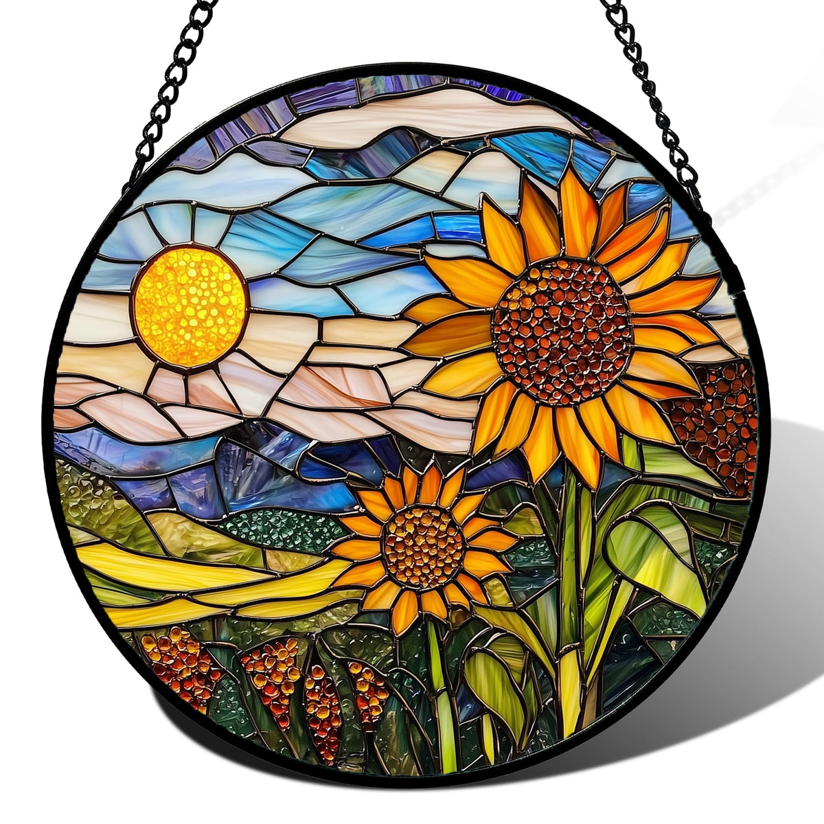 AMDERVEN stained glass sunflower front view showing colorful petals and central design for bright accent