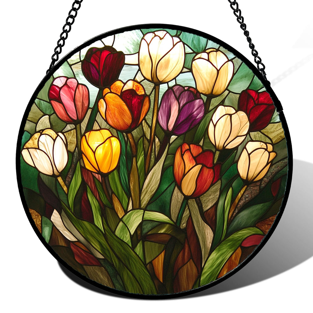 AMDERVEN front view of tulip suncatcher showing vivid colors and decorative shape
