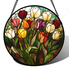 AMDERVEN front view of tulip suncatcher showing vivid colors and decorative shape