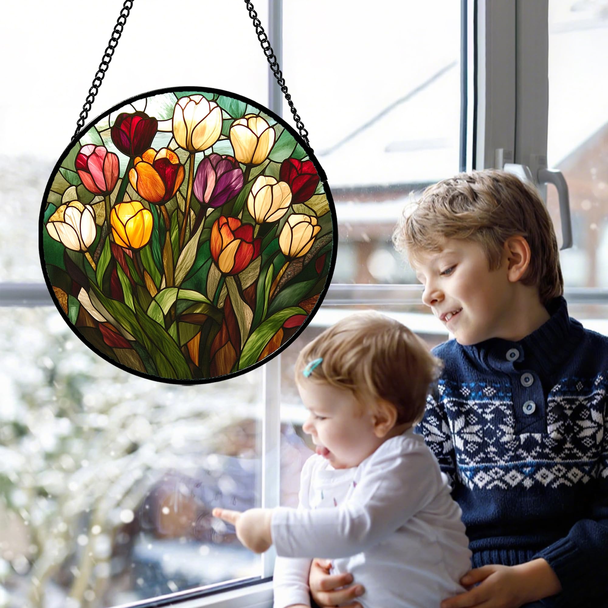 AMDERVEN tulip hanging in window casting colorful light and enhancing ambiance