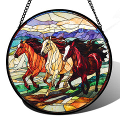 AMDERVEN front view of three-horse stained glass suncatcher showing vibrant colors