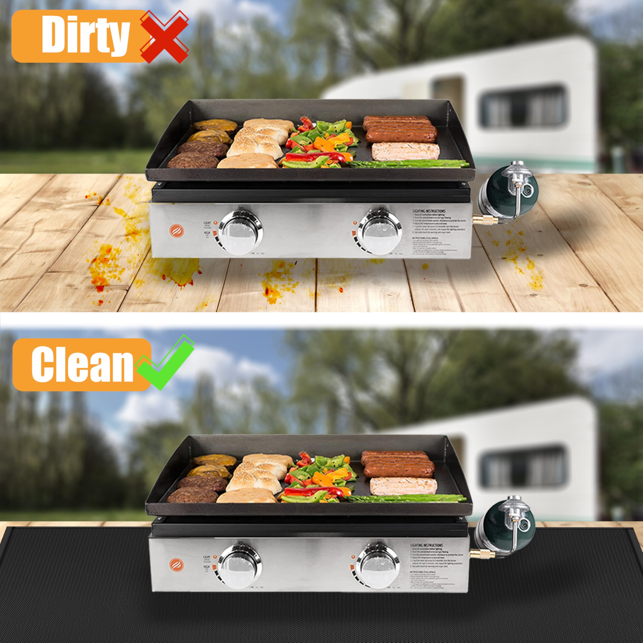 Amerbro mat placed under tabletop grill protecting table from heat and spills