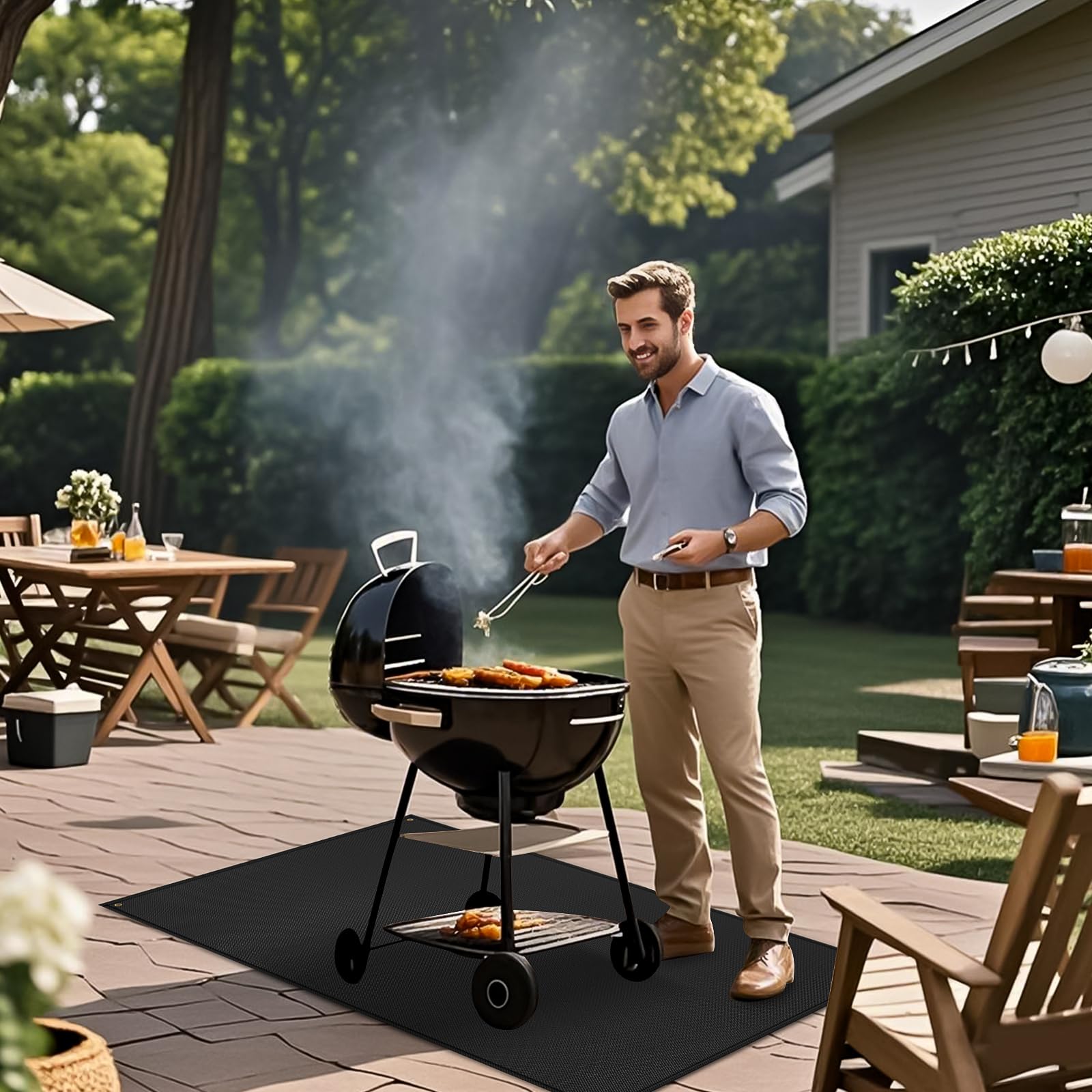 Amerbro mat beside 28-inch griddle showing scale and full coverage benefit