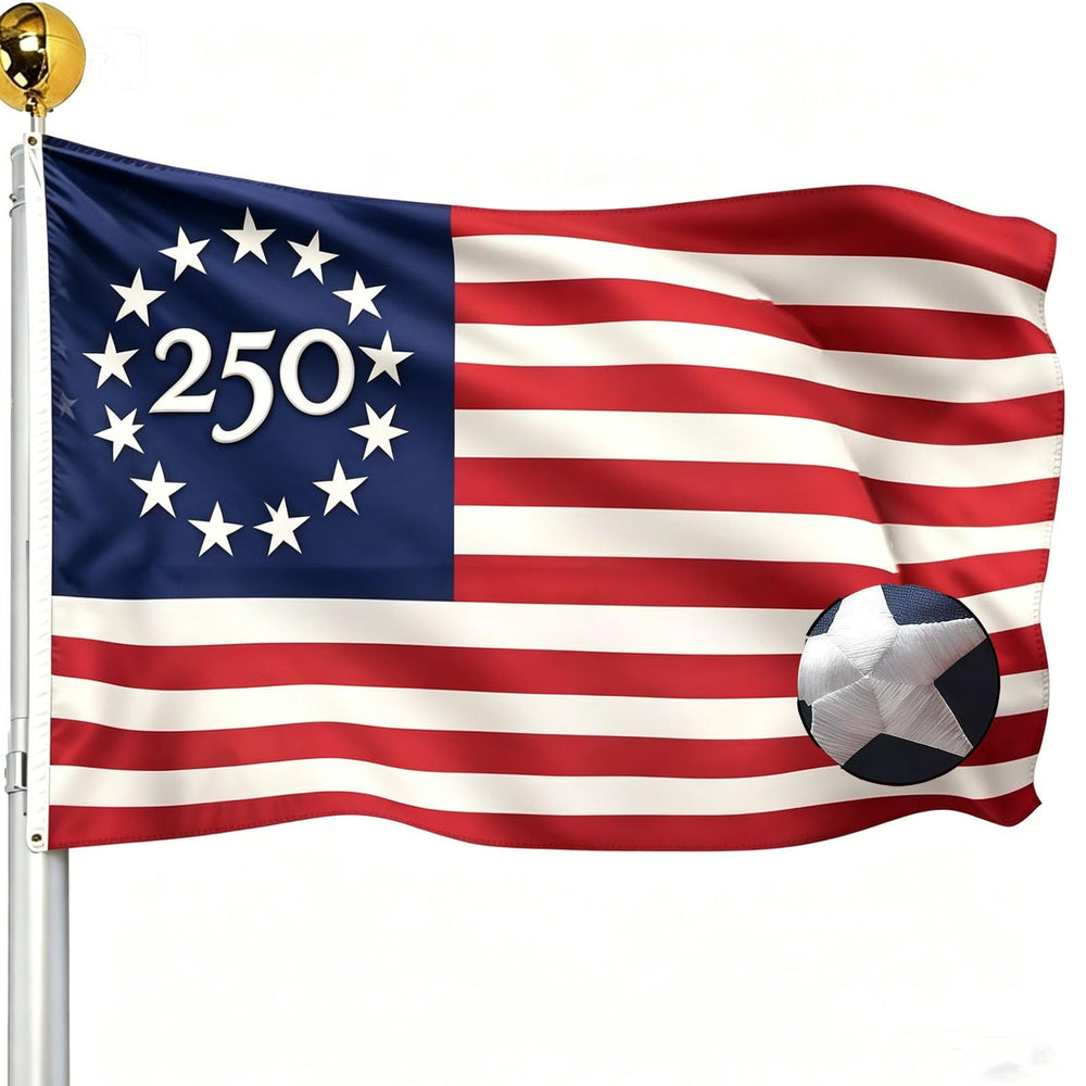 Generic front view of embroidered 250th flag showing vibrant colors and design benefit: clear commemorative display