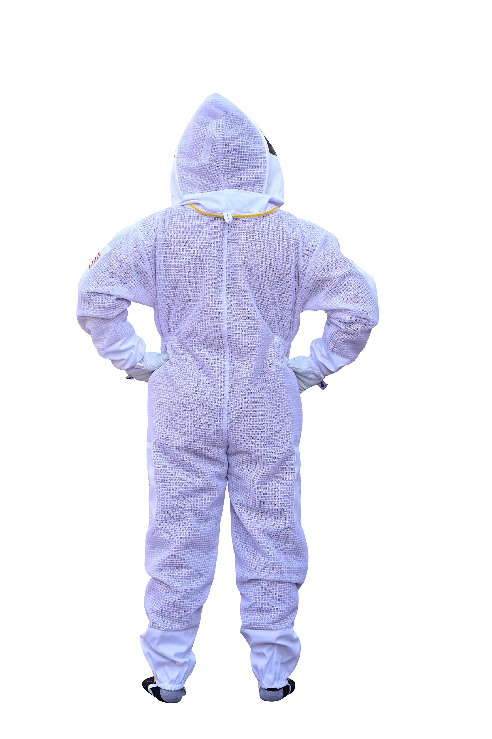 American Bee model wearing suit in apiary demonstrating mobility and airflow