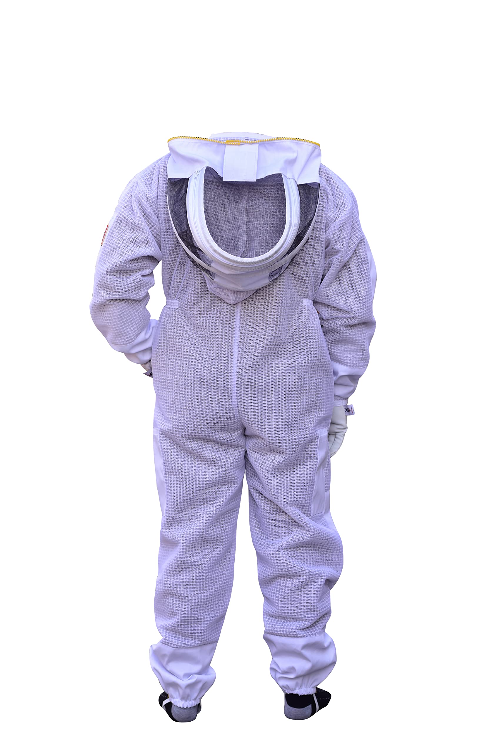 American Bee suit next to supers illustrating size and lift capability