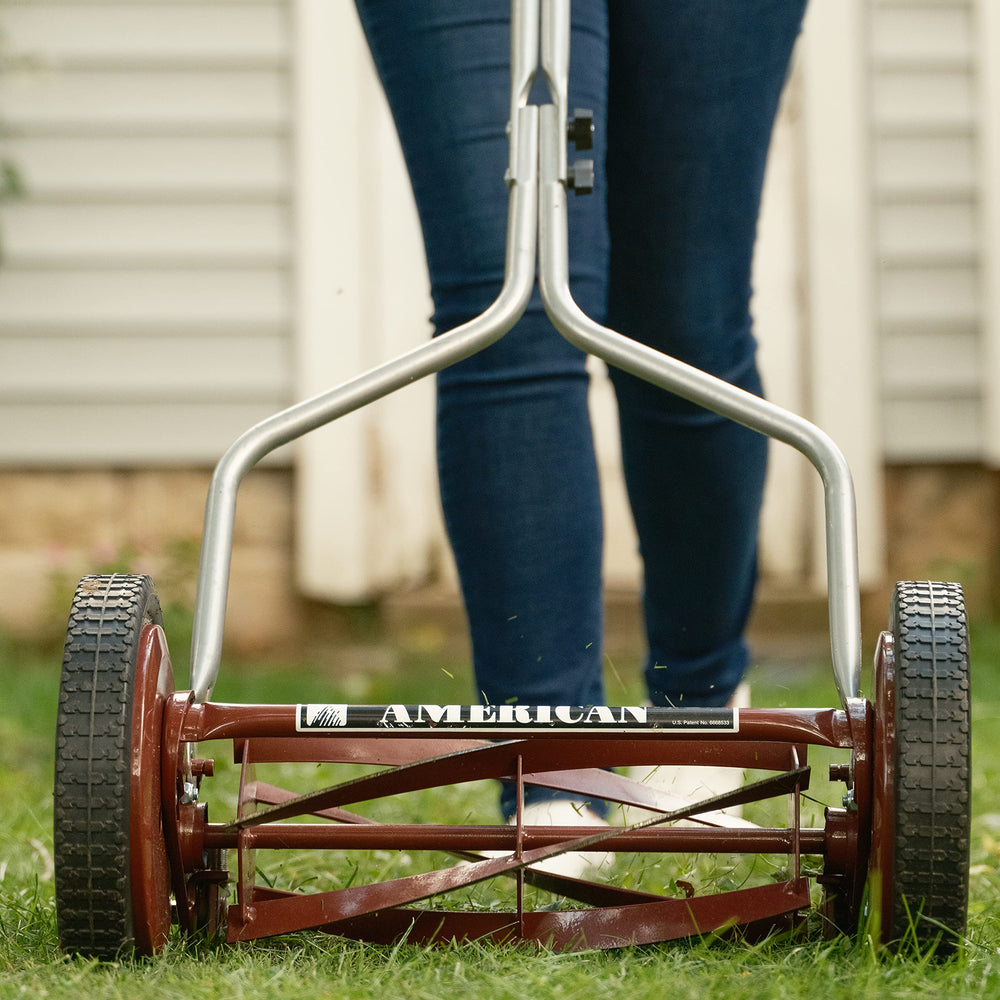 American Lawn Mower Company close-up of five-blade reel showing sharp alloy blades for precise cuts