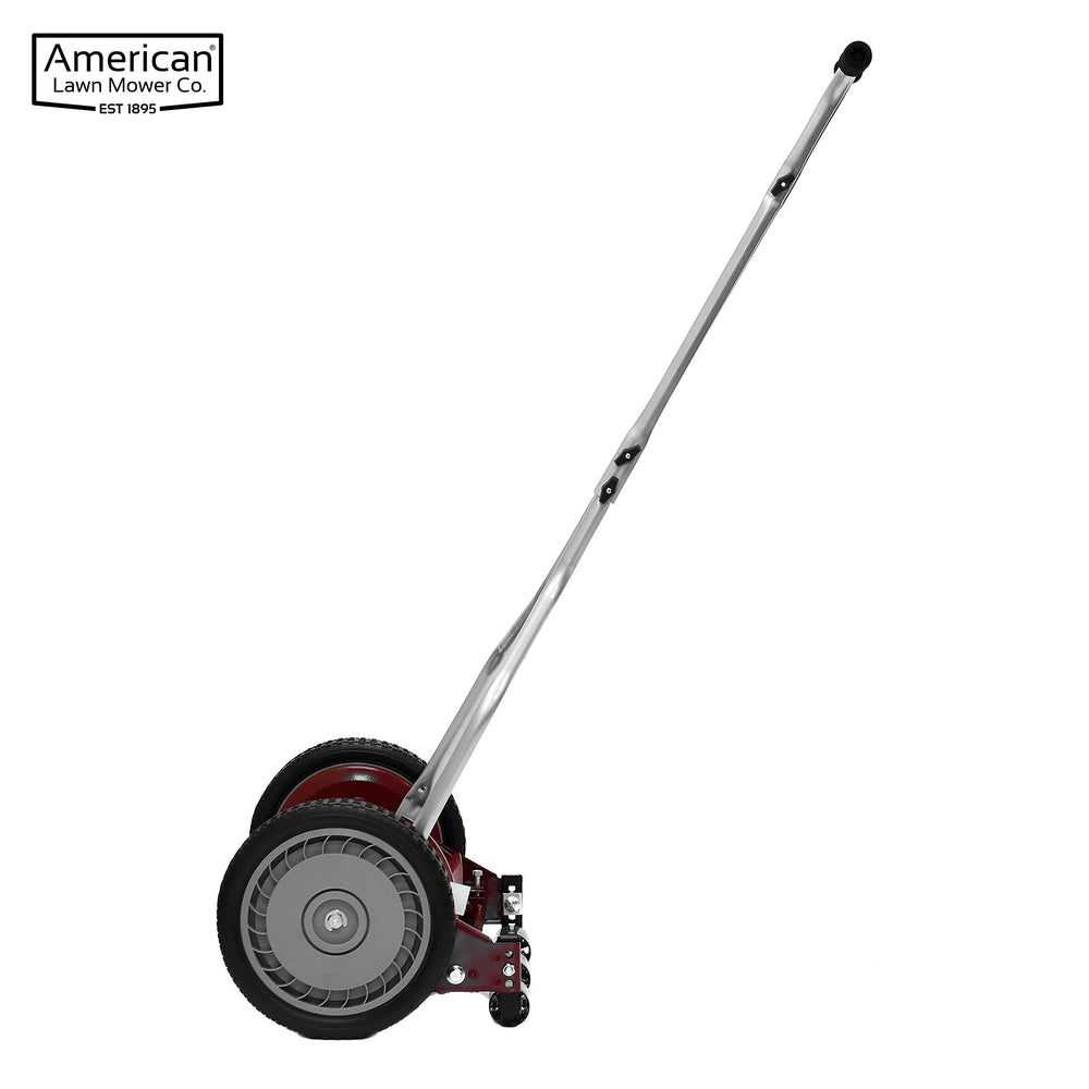 American Lawn Mower Company beside a ruler to show 14-inch cutting width for scale