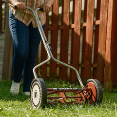 American Lawn Mower Company 10-inch wheel detail with rubber tread for easier maneuverability