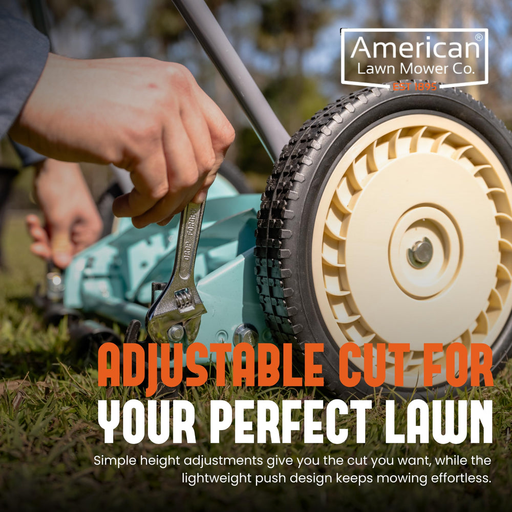 American Lawn Mower 10-inch polymer wheel detail for smooth rolling on turf