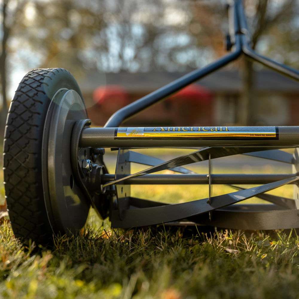 American Lawn Mower 10-inch wheel detail highlighting smooth rolling traction