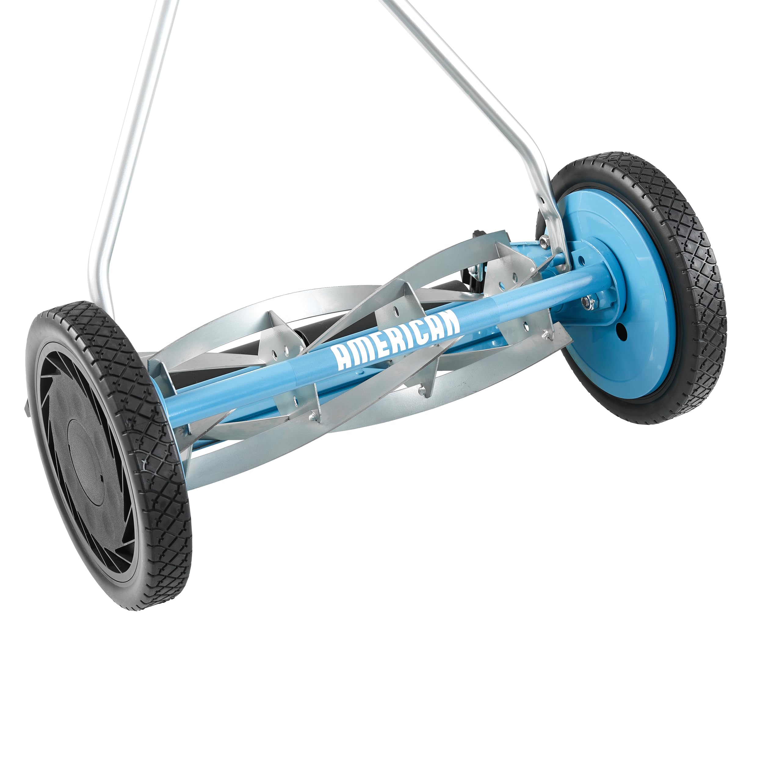 American Lawn Mower 1415-16SK2 in use on small lawn demonstrating quiet eco operation