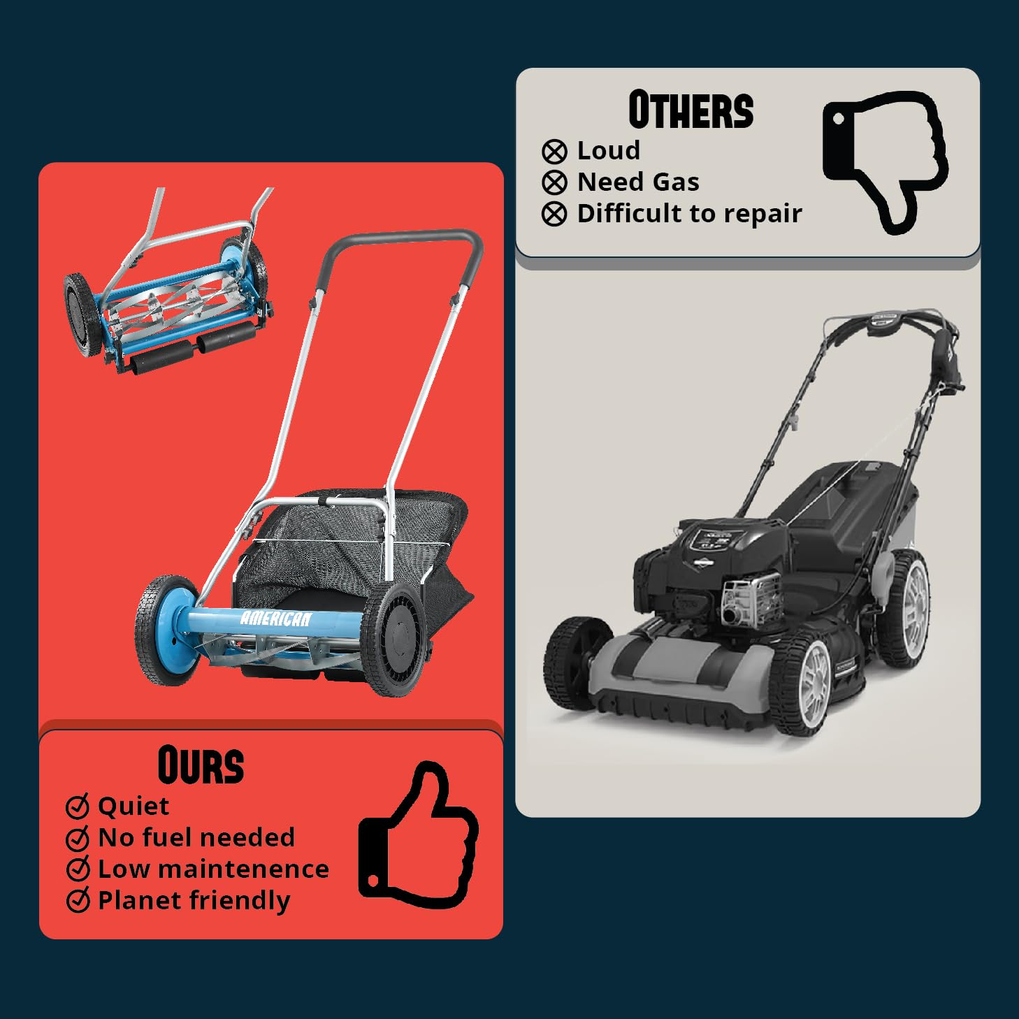American Lawn Mower Company lifestyle shot in yard demonstrating clean finished lawn
