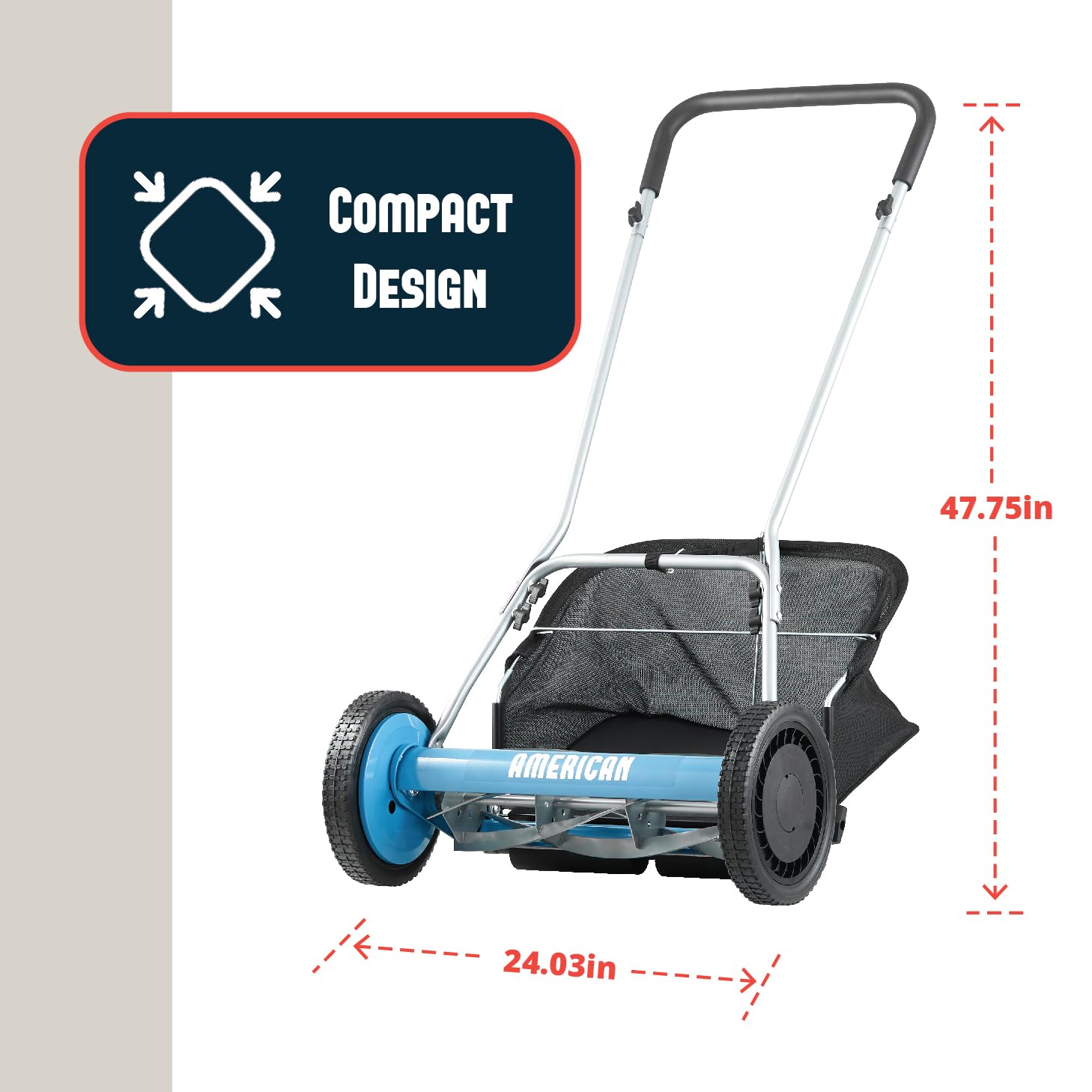 American Lawn Mower Company scale comparison beside a shoe showing compact size