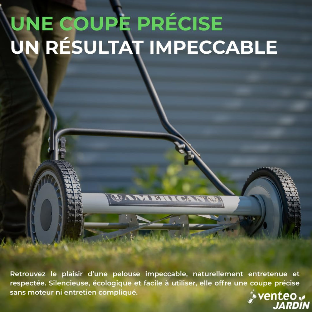 American Lawn Mower Company mower in use on a lawn demonstrating quiet, chemical-free operation