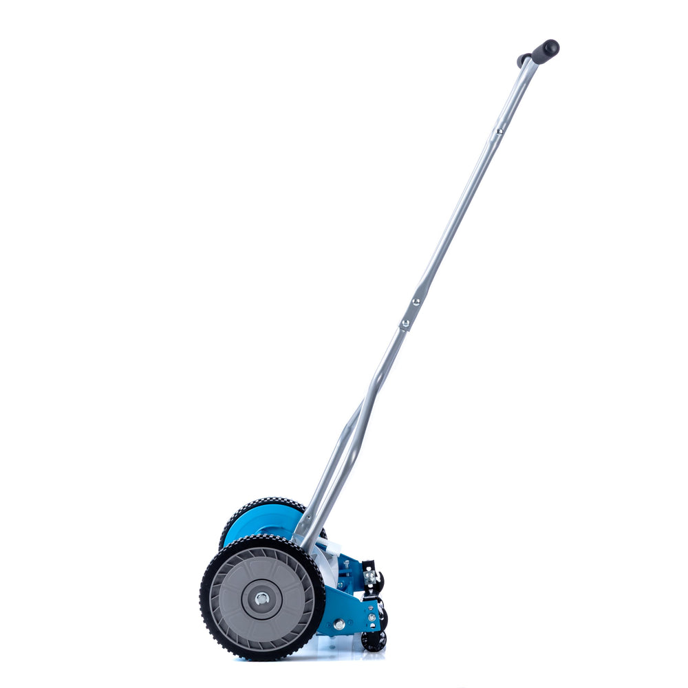 American Lawn Mower Company folded storage view with scale indicating compact space-saving benefit