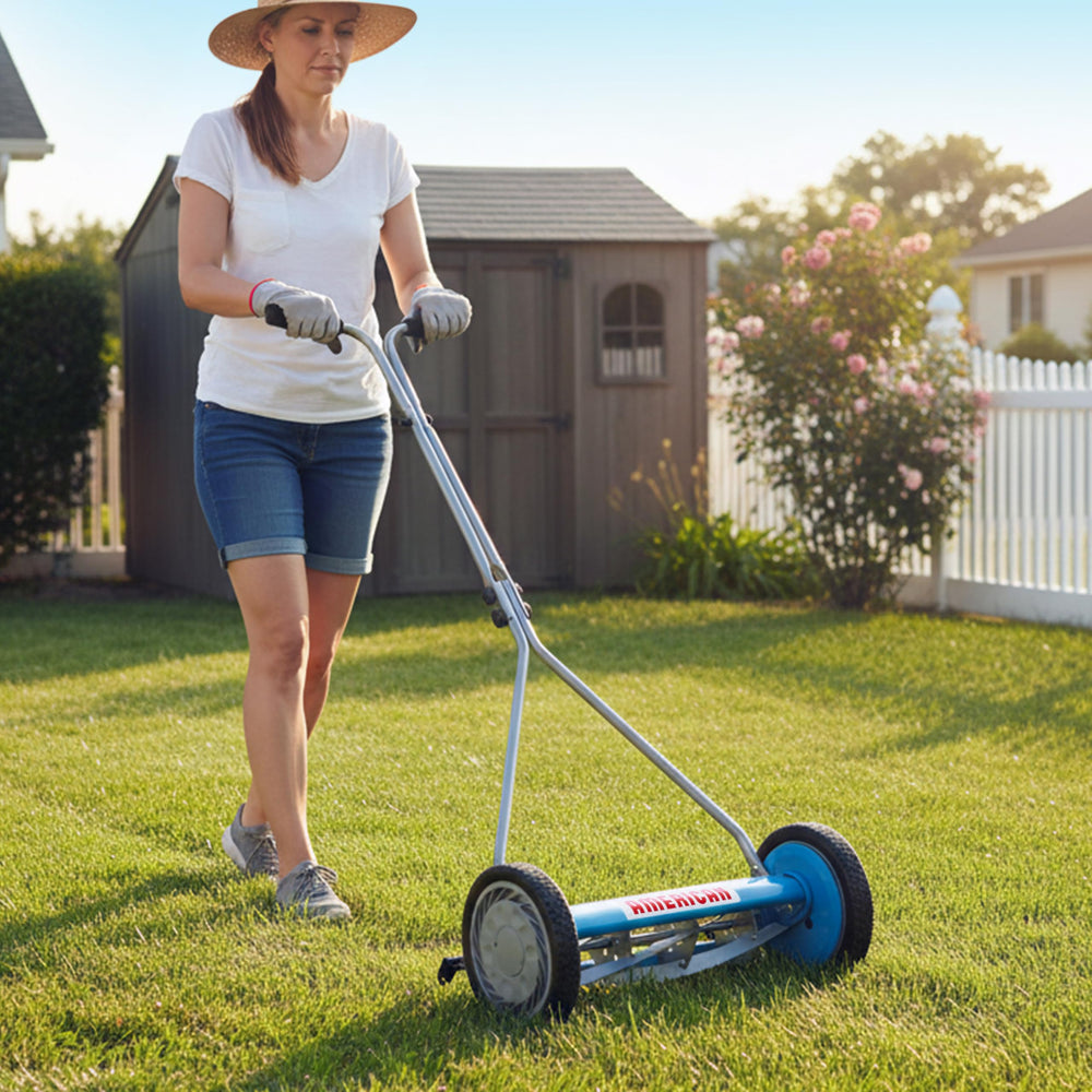 American Lawn Mower Company cutting width demo showing 16-inch path covering grass efficiently