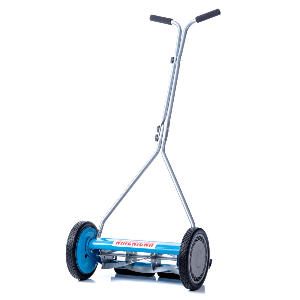 American Lawn Mower Company front view showing compact mower and easy storage benefit