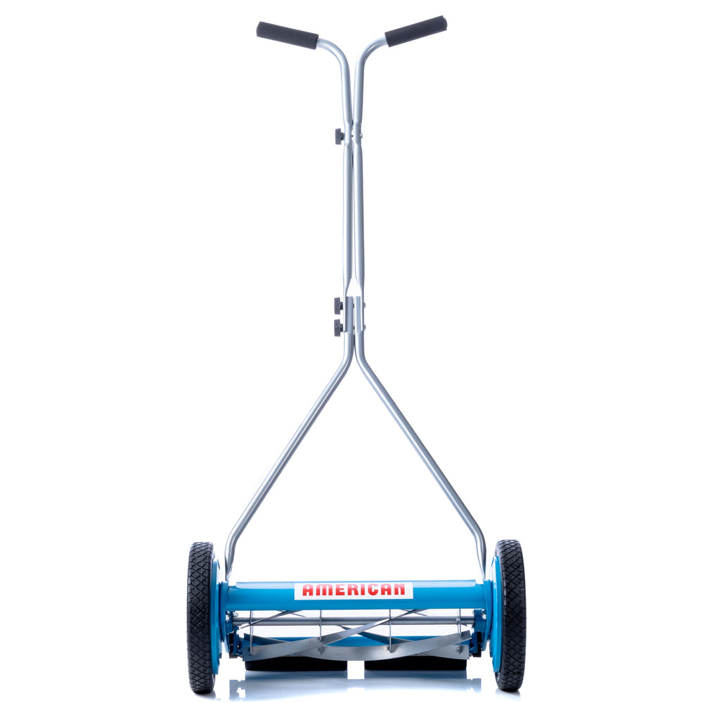 American Lawn Mower Company mower on lawn in use showing quiet eco-friendly mowing