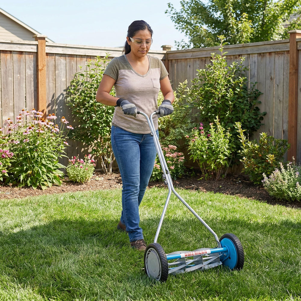 American Lawn Mower beside ruler showing 16-inch cutting width for efficient mowing