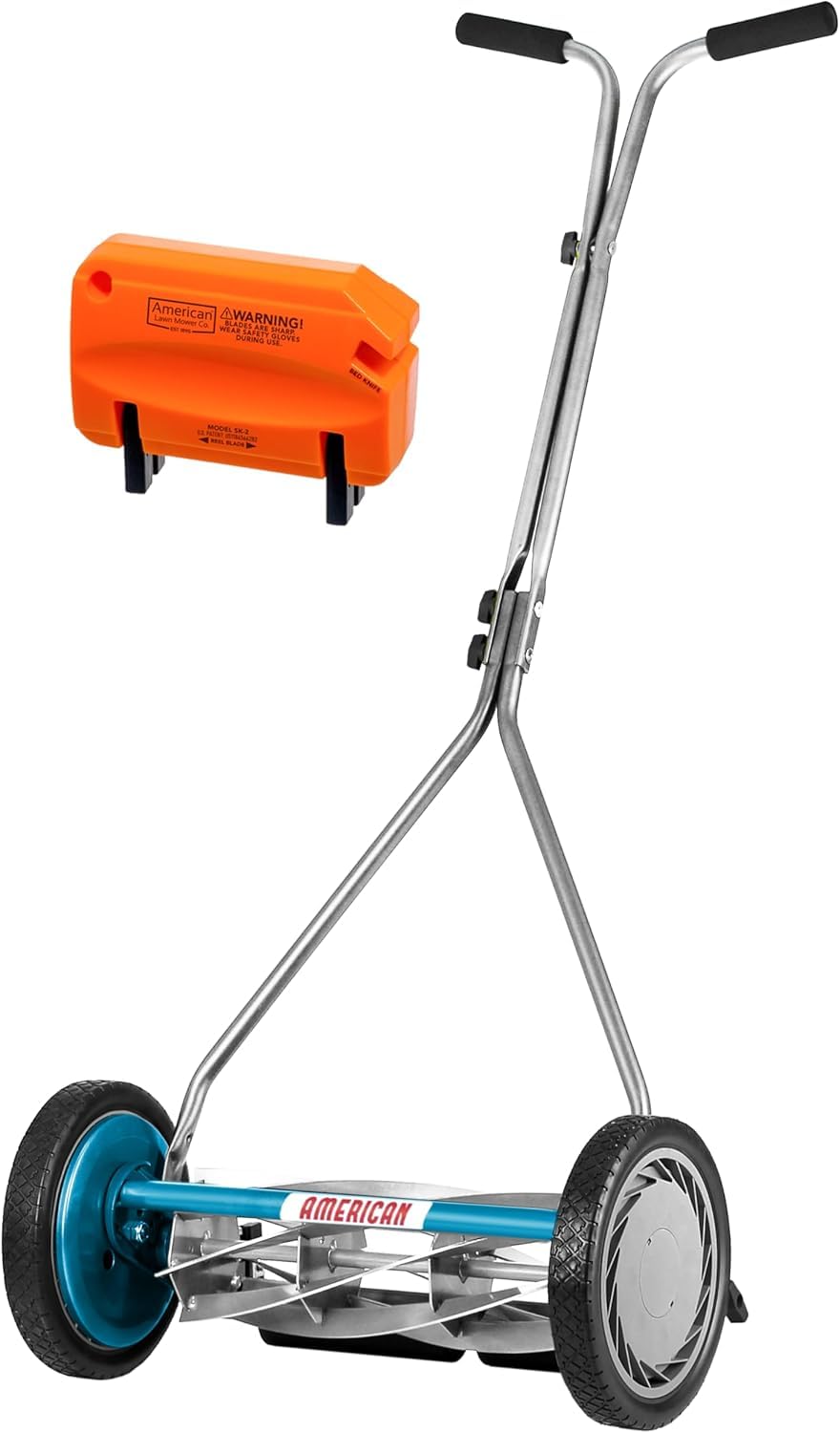 American Lawn Mower front view showing compact 16-inch cutting width and easy maneuvering