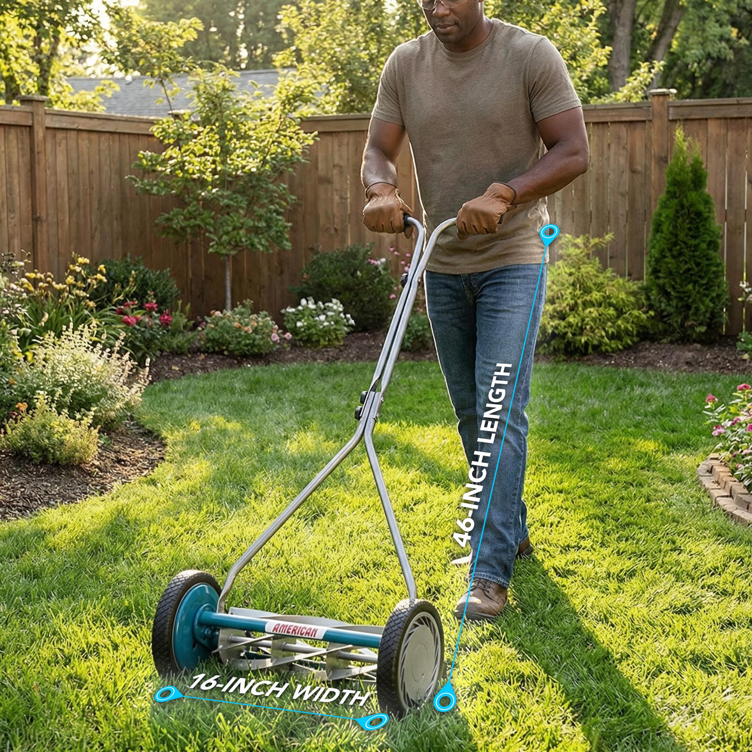 American Lawn Mower handle and height adjuster demonstrating easy customization and control