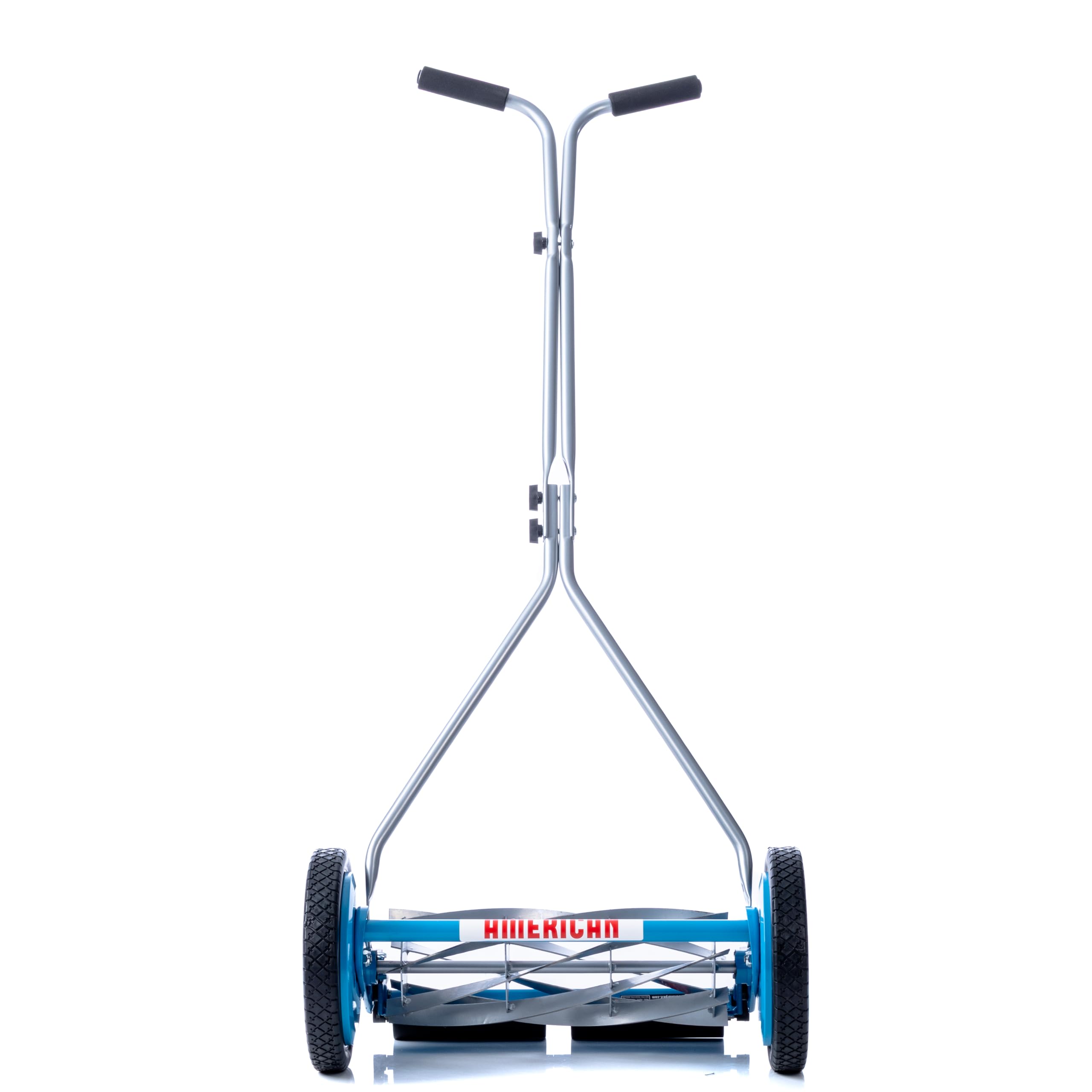 American Lawn Mower folded for storage in a garage to show compact, space-saving design