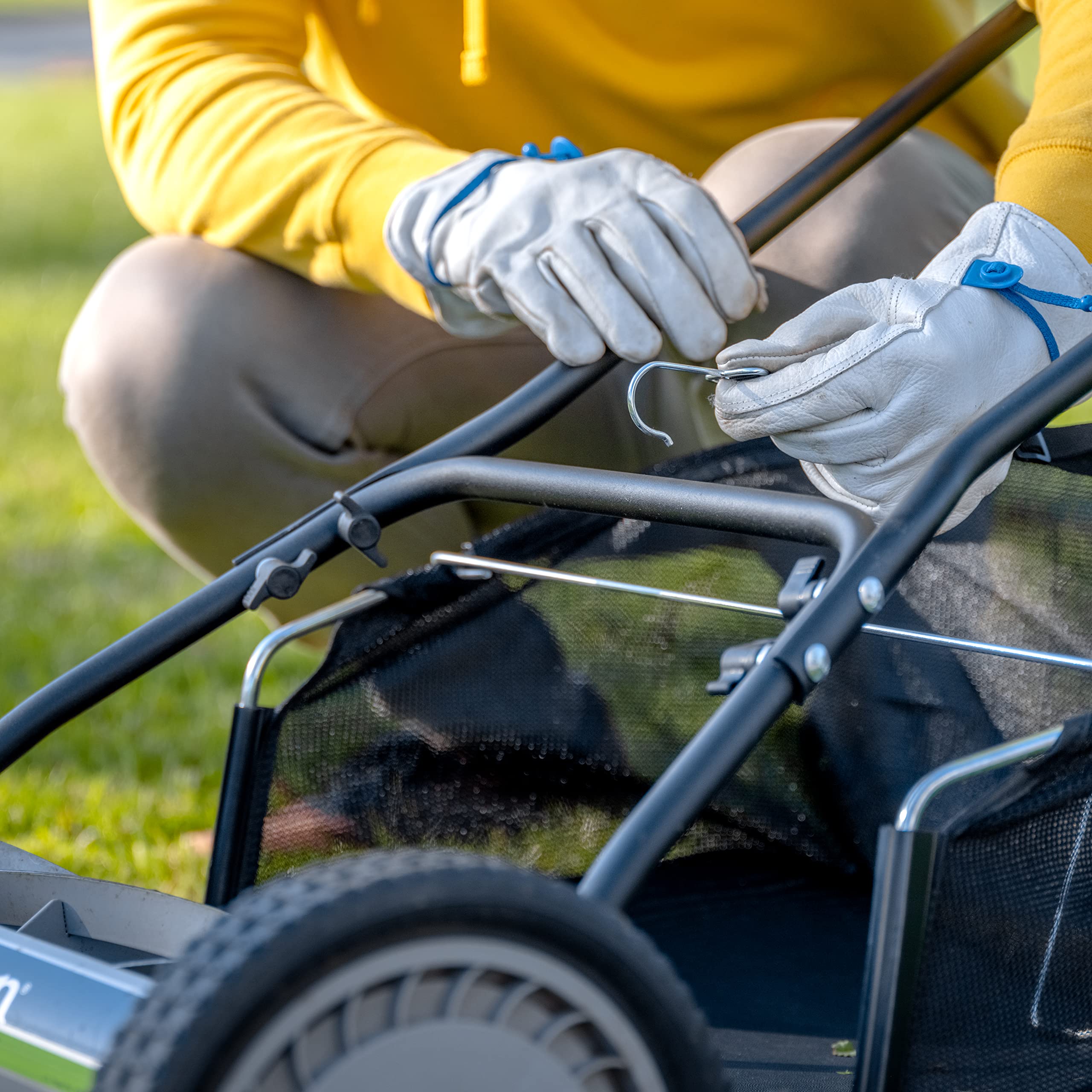 American Lawn Mower catcher attached to reel mower showing secure fit and cleaner mowing