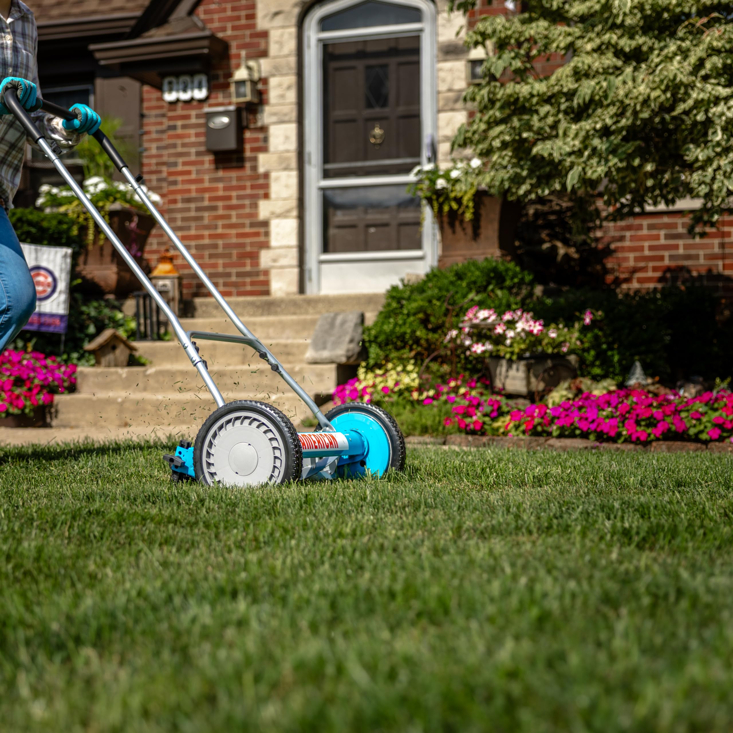 American Lawn Mower Company height adjustment lever showing quick, tool-free setting benefit