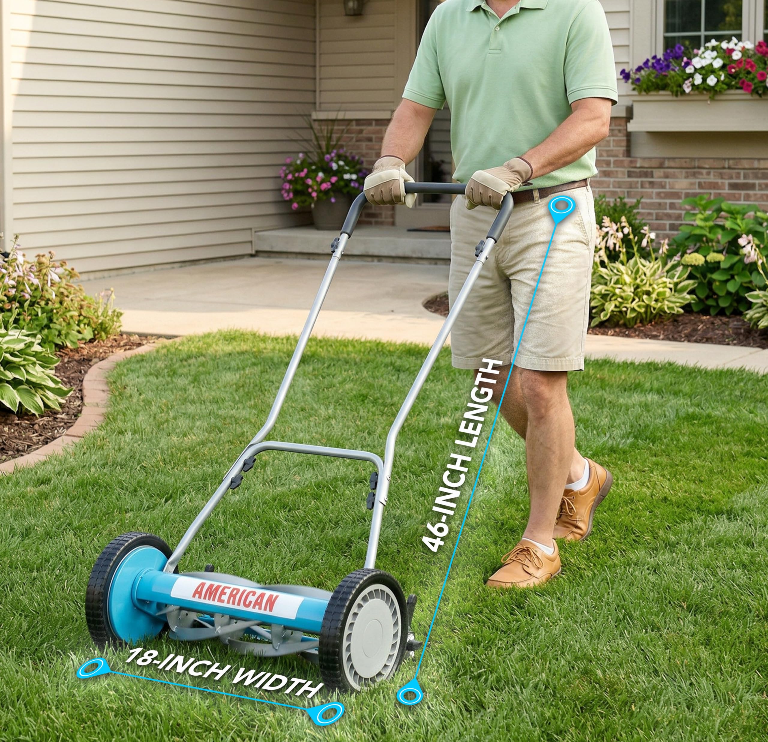 American Lawn Mower Company cutting width scale showing 18-inch path for faster coverage