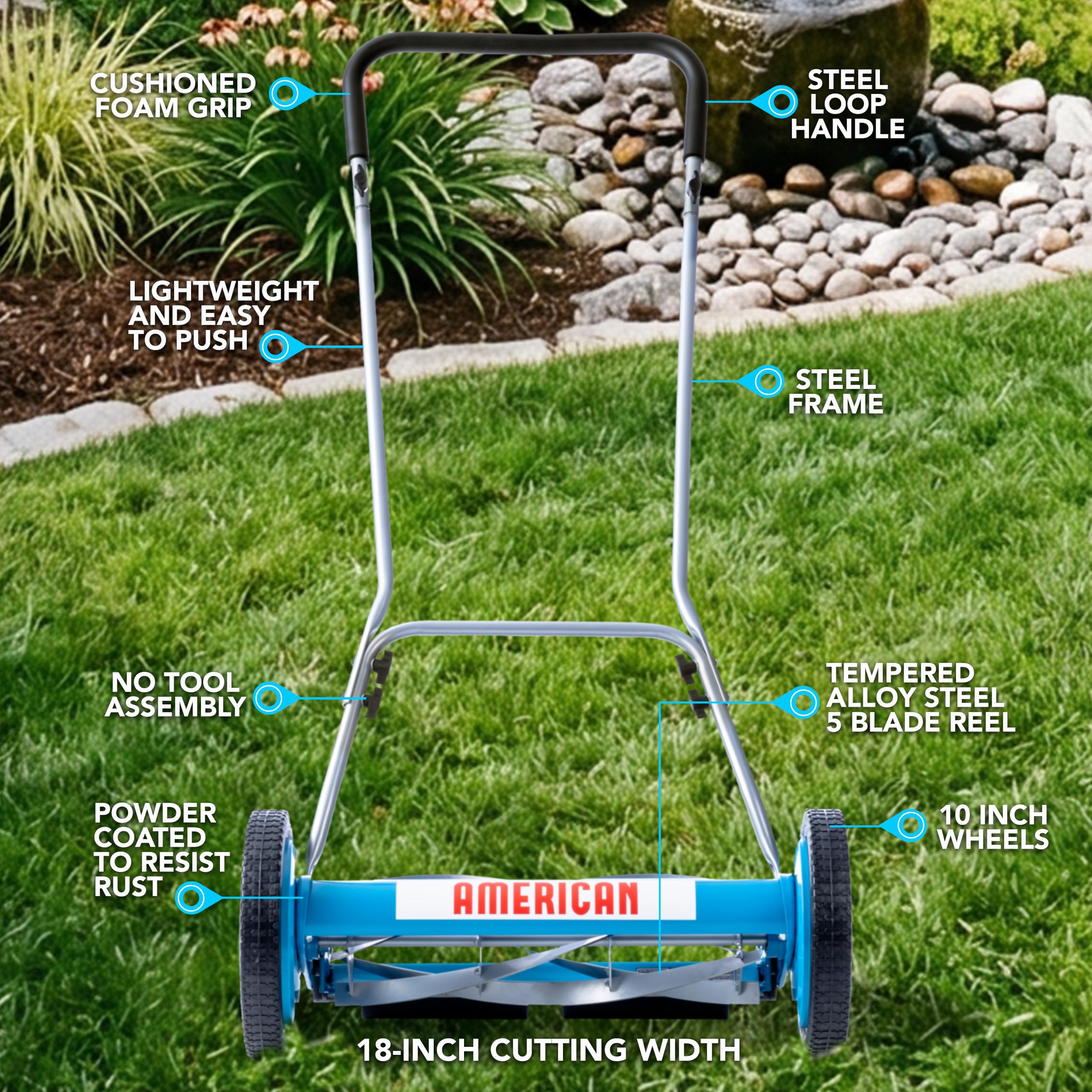 American Lawn Mower Company in a garden setting demonstrating quiet, eco-friendly lawn care