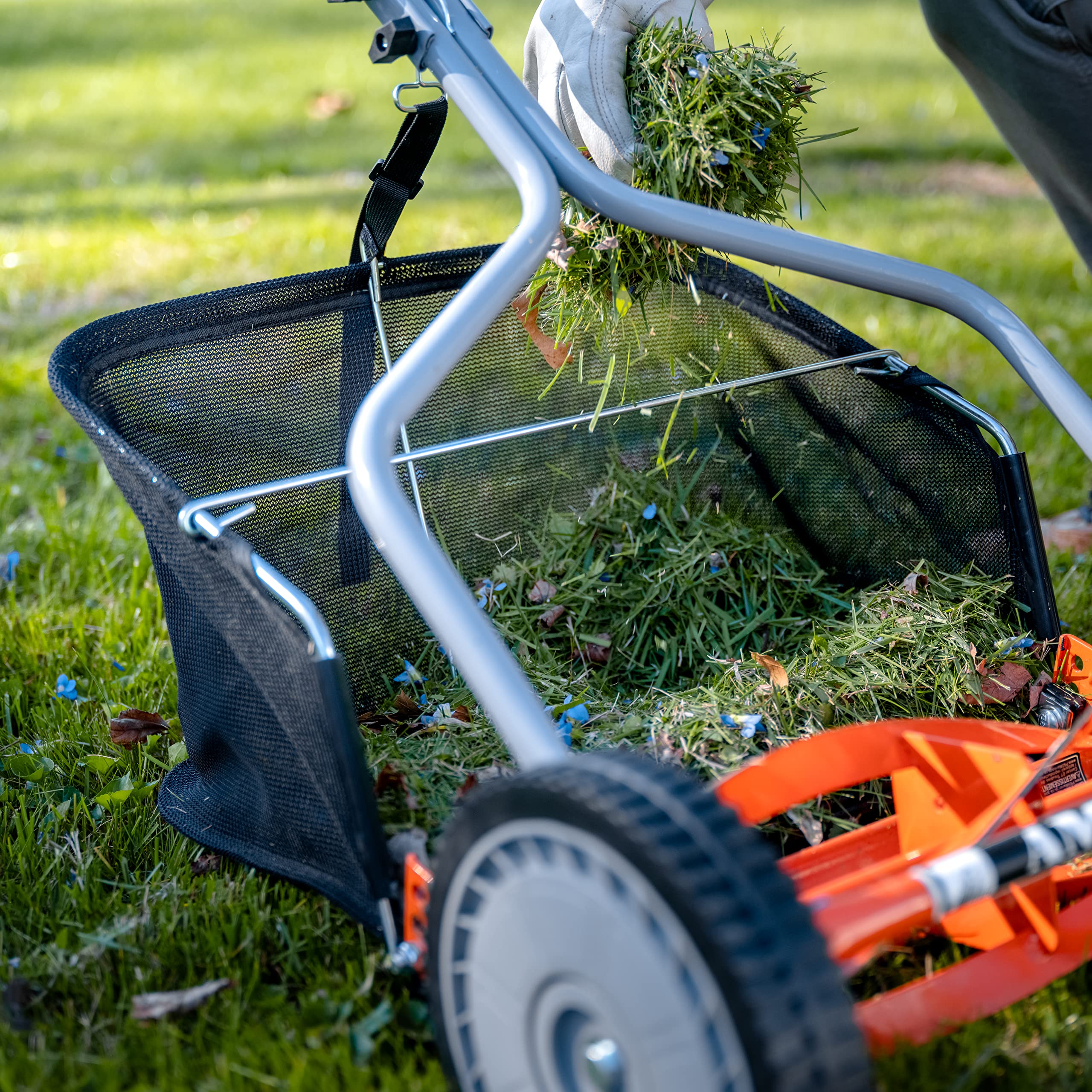 American Lawn Mower Company folded catcher for compact storage and space saving