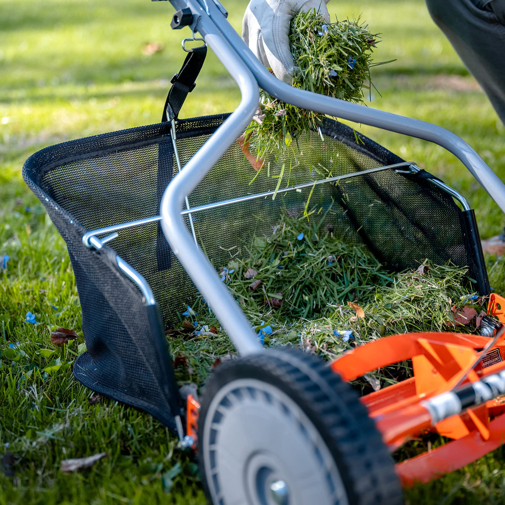 American Lawn Mower Company folded catcher for compact storage and space saving