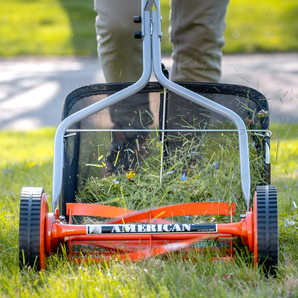 American Lawn Mower Company grass catcher mounted on reel mower collecting clippings
