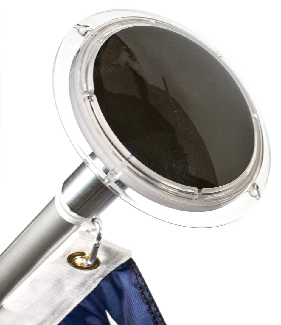 American Signature front view of solar flag light showing compact durable housing and benefit