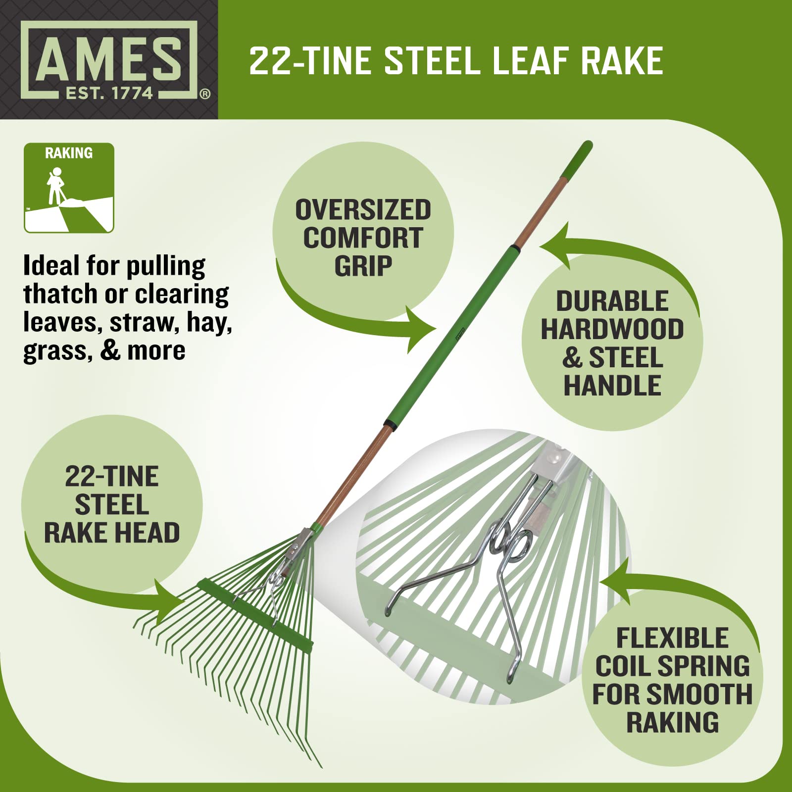 AMES close-up of hardwood and steel handle emphasizing durability benefit
