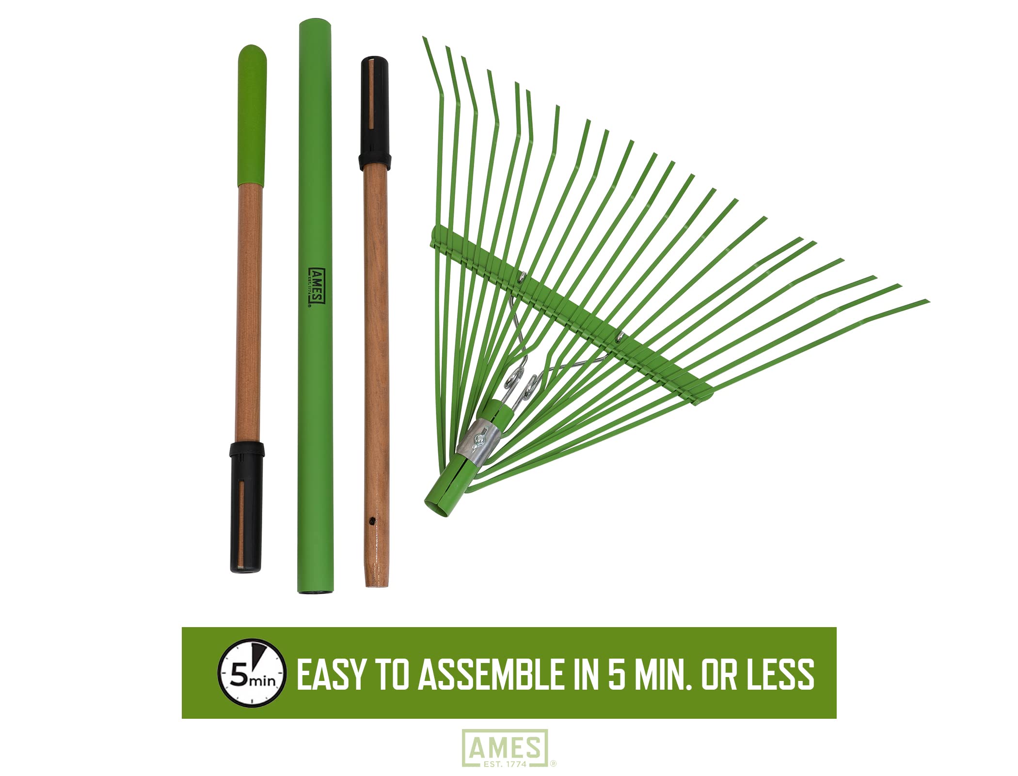 AMES rake in use on grass showing smooth, efficient raking action
