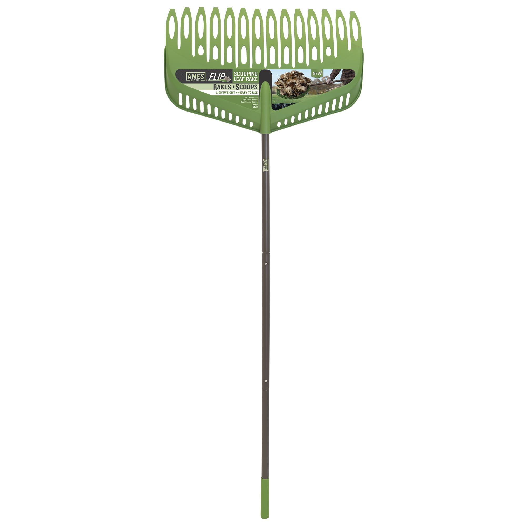 AMES flip scooping leaf rake front view shows wide head and ergonomic design for faster cleanup