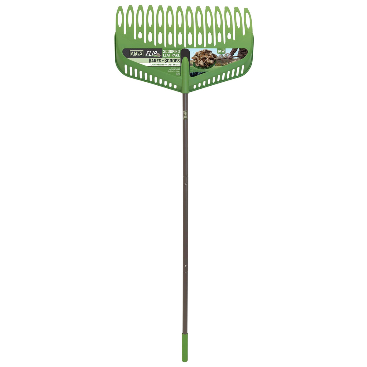 AMES flip scooping leaf rake front view shows wide head and ergonomic design for faster cleanup