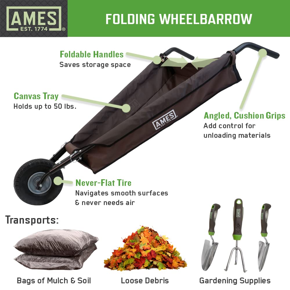 AMES folded wheelbarrow hanging on wall for space-saving garage storage