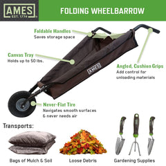 AMES folded wheelbarrow hanging on wall for space-saving garage storage