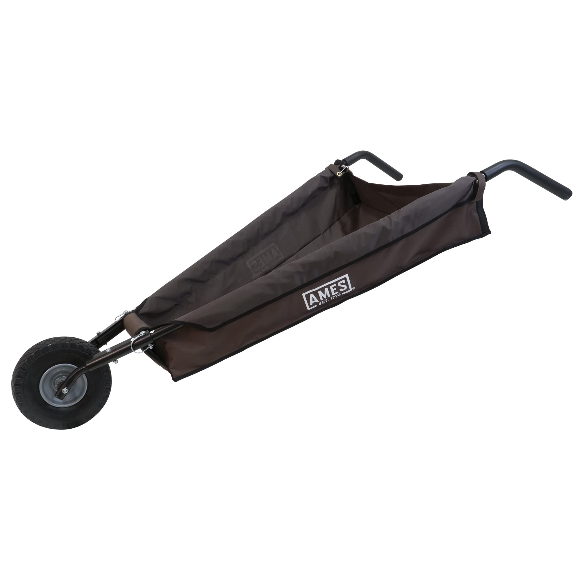 AMES front view of folded wheelbarrow showing compact design and storage benefit