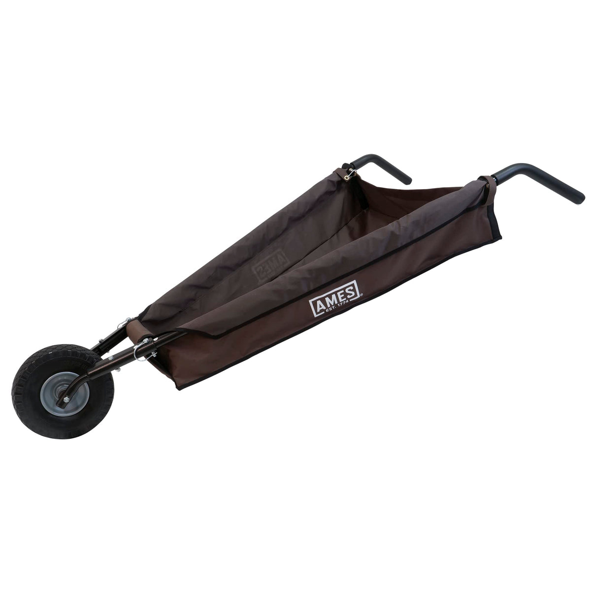 AMES front view of folded wheelbarrow showing compact design and storage benefit