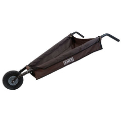 AMES front view of folded wheelbarrow showing compact design and storage benefit