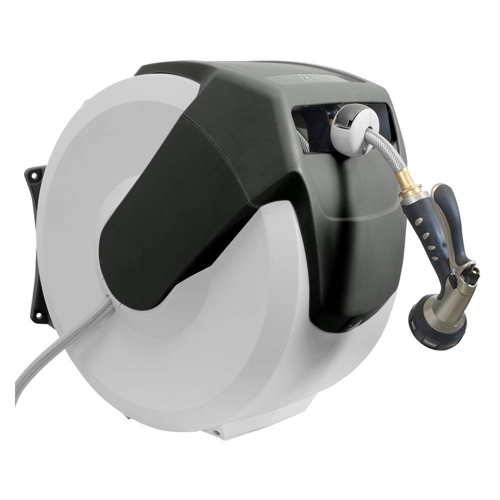 AMES NeverLeak front-mounted reel showing compact wall storage and easy access