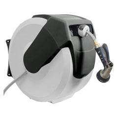 AMES NeverLeak front-mounted reel showing compact wall storage and easy access