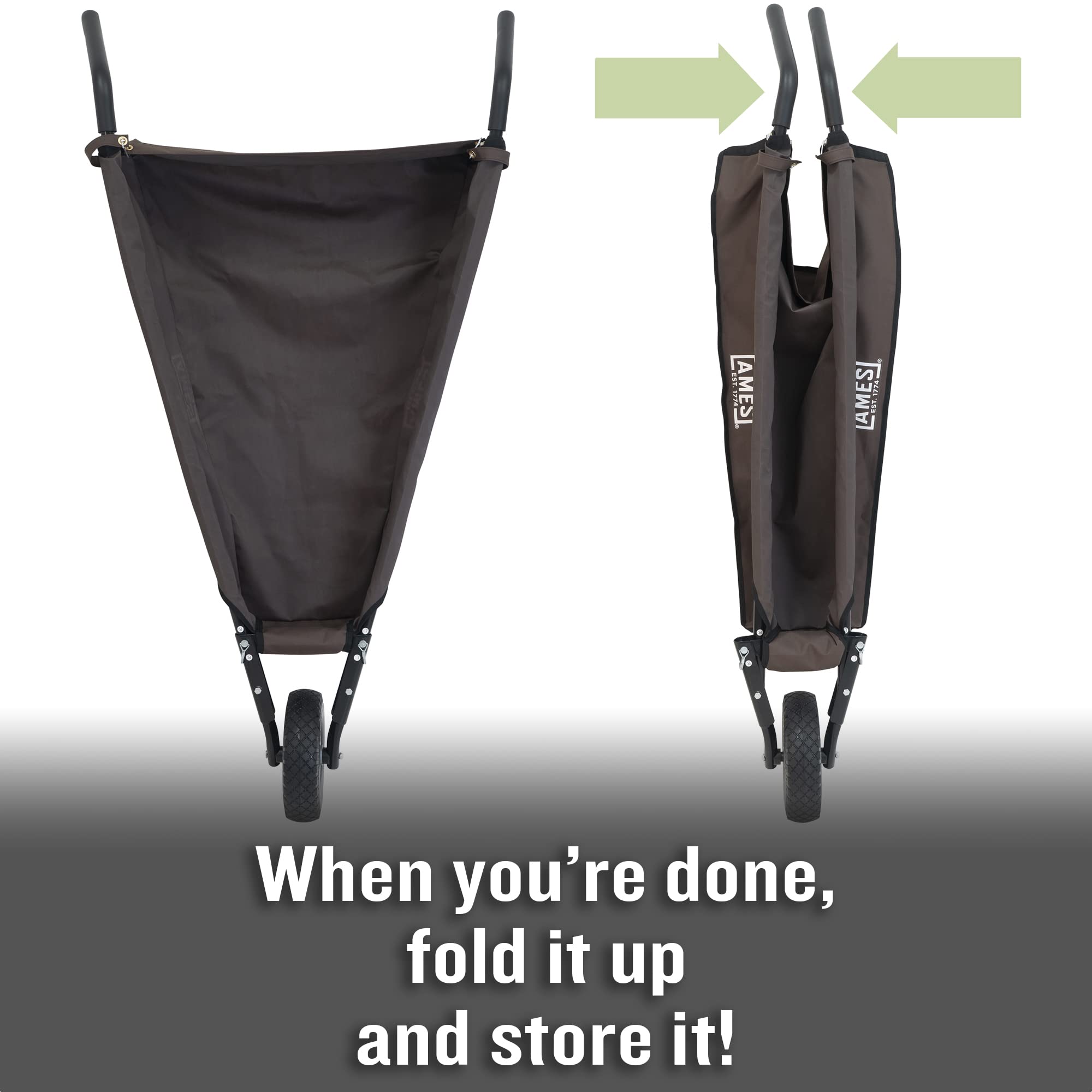 AMES wheelbarrow beside a shovel and bag showing size and capacity comparison